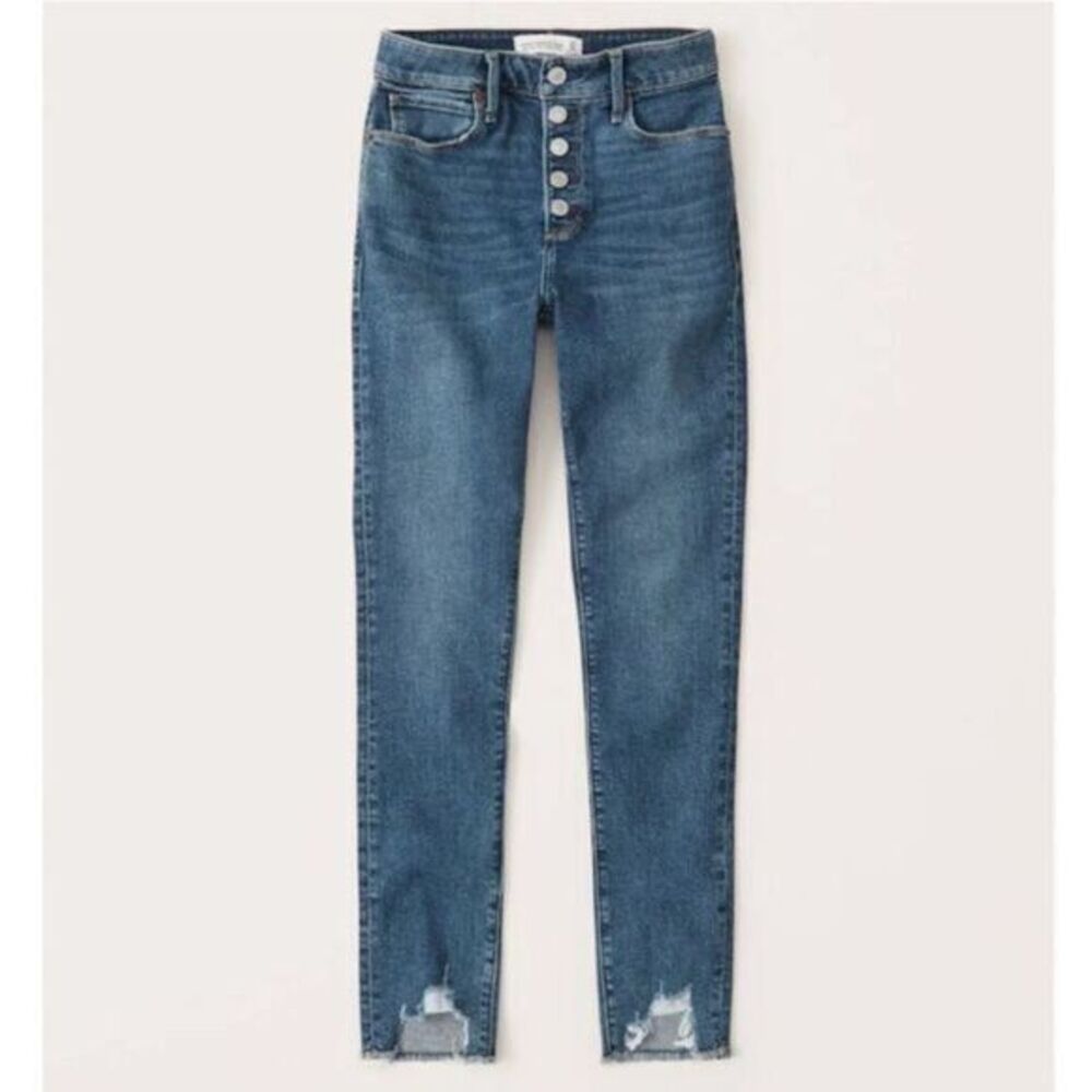 Abercrombie & Fitch Button Fly High Rise Super Skinny Raw Chewed Hem Ankle Jeans